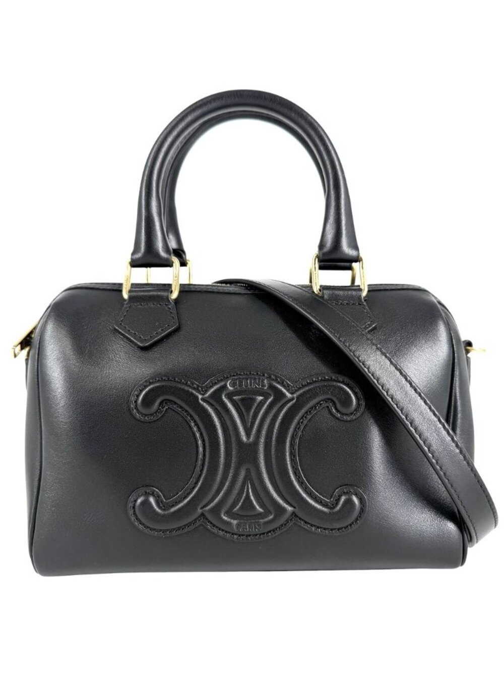 Celine 2-Way Triomphe Small Boston Shoulder Bag Crossbody Calfskin Black Gold